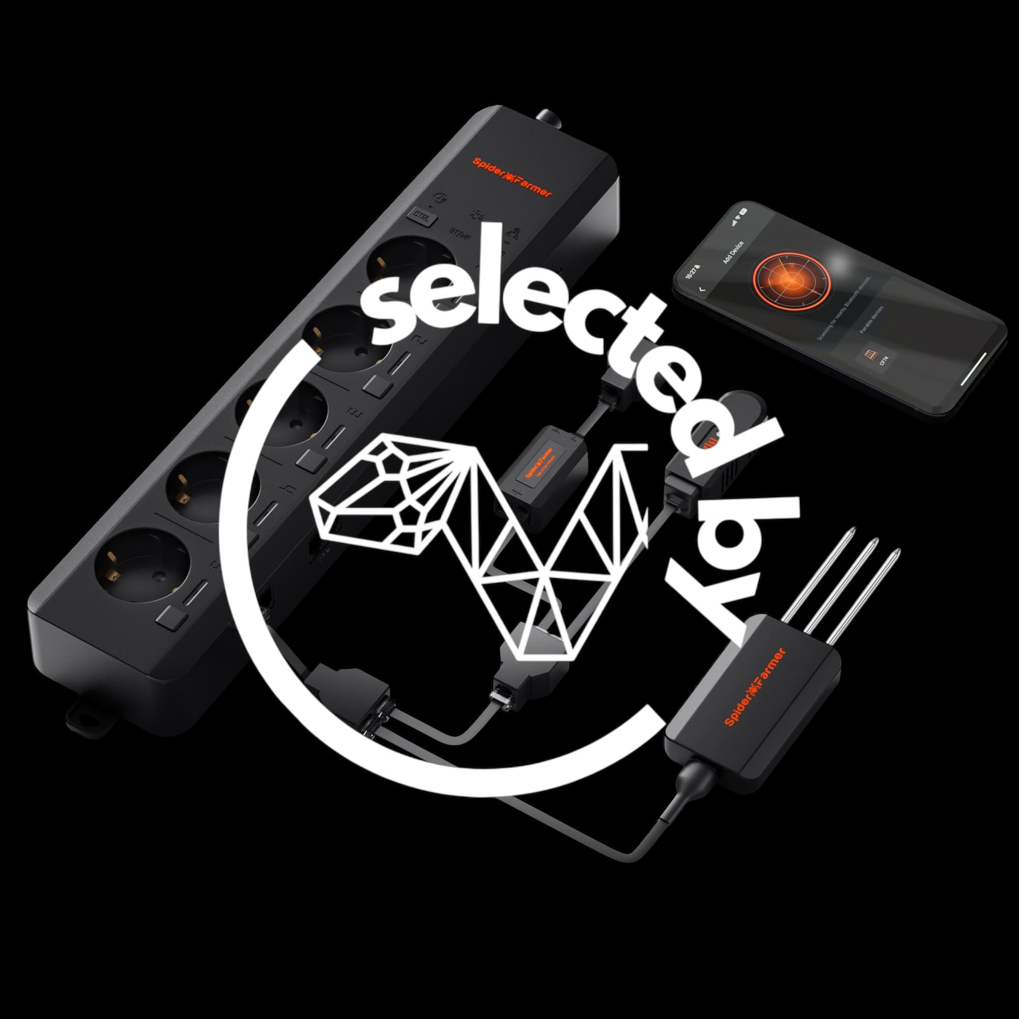 Produktbild av Spider-Farmer smart kontrollenhet för terrarium och odlingsmiljöer med logo Selected by. / Product image of Spider-Farmer smart environmental controller for terrariums and grow setups with Selected by Stockholm Reptiles branding.