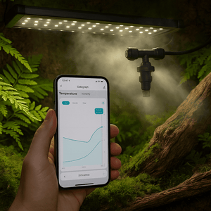 Terrariemiljö med LED-ljus, dimma och regnsystemoch smartphone som visar grafer för klimatövervakning. / Terrarium setup with LED light, misting spray and mobile phone showing climate tracking graph.
