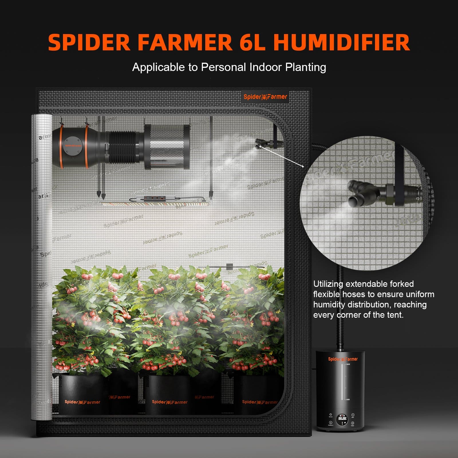 Spider Farmer 6L Cool Mist Humidifier – Ultrasonic luftfuktare med 6 liters tank anppassad för terrarium, vivarium och odlingsmiljöer i hemmet. /applical to personal indoor planting and terrariums and vivariums.