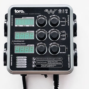 The product is displayed on white surface. TORO Climate Control controls heating, cooling, humidity, and timed devices with its four 240V receptacles. Need to trigger lighting or operate pumps? The timer outlet has got you covered.