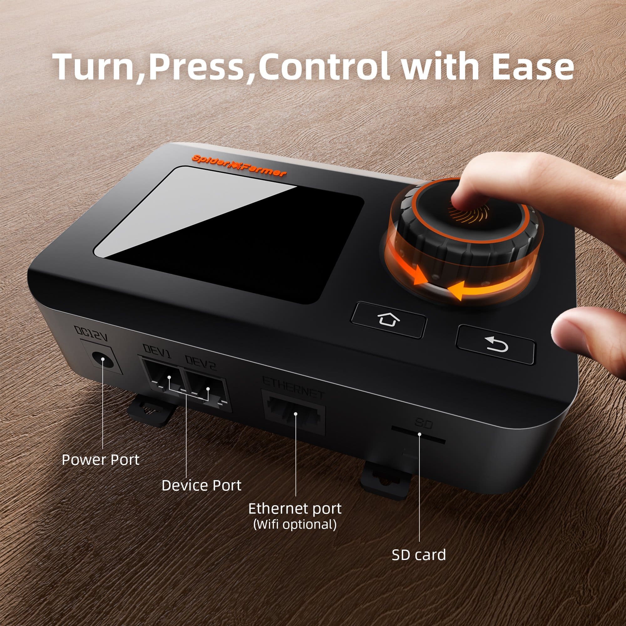 Närbild på GGS controller: vridreglage, portar, Ethernet och SD-kortplats – enkel manuell kontroll./Close-up of the GGS controller with rotary dial, device ports, Ethernet and SD slot—simple hands-on control.
