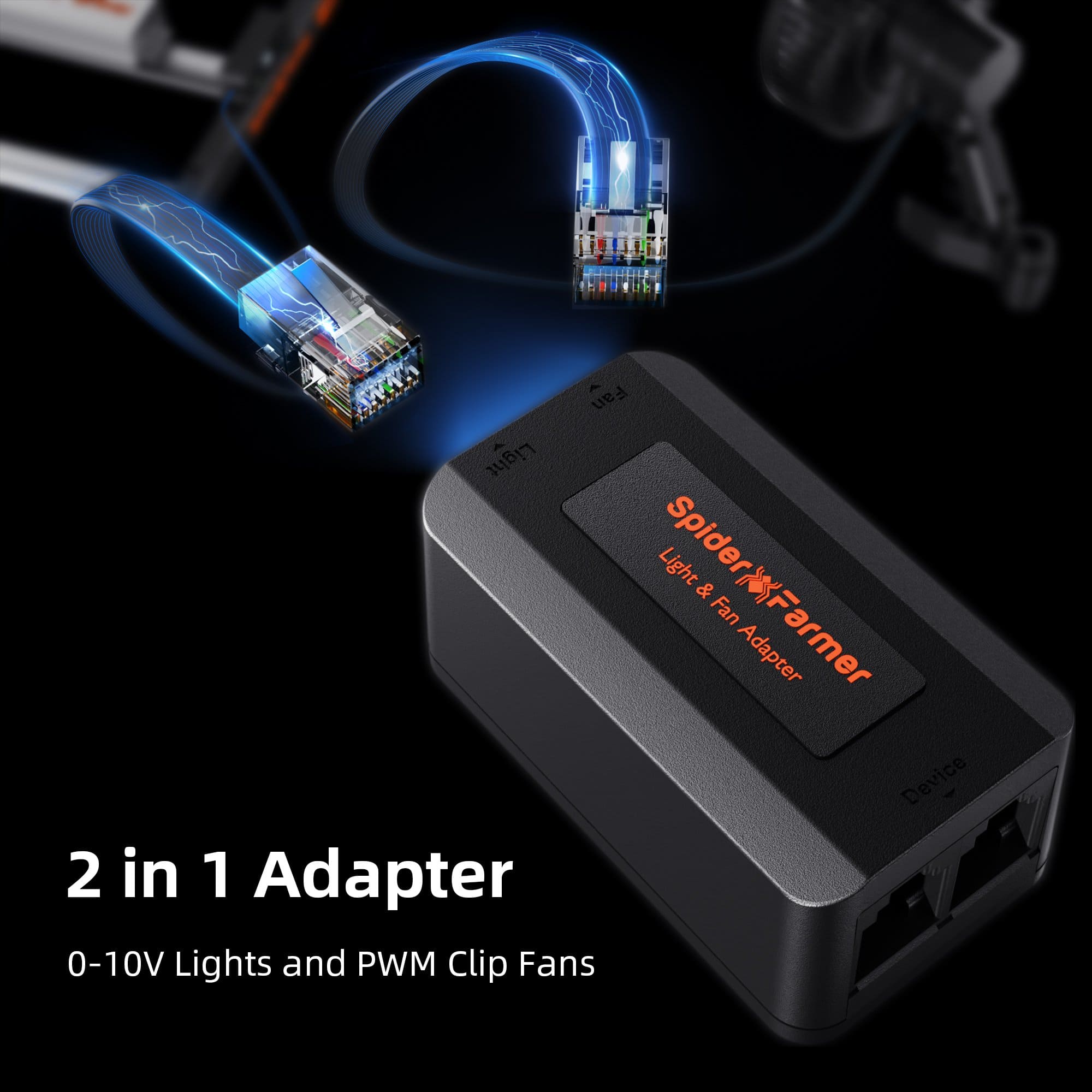Spider Farmer 2-i-1-adapter för GGS – anslut 0–10 V-lampor och PWM-klippfläktar via RJ12 / Spider Farmer 2-in-1 adapter for GGS—connect 0–10 V lights and PWM clip fans via RJ12