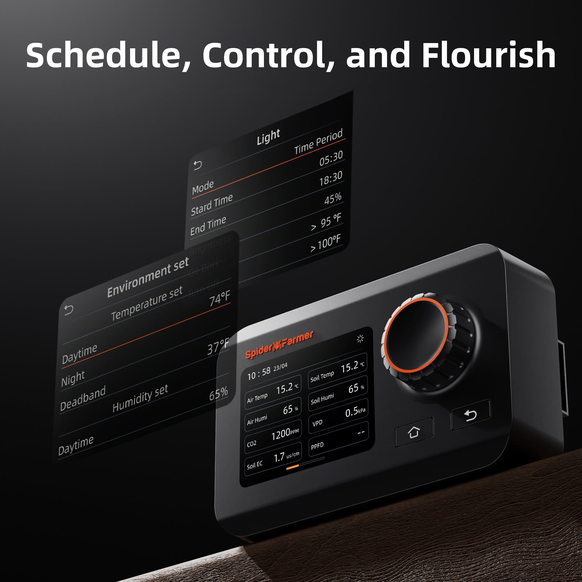 GGS controller med display för temperatur, luftfuktighet, VPD och ljusinställningar – tydliga menyer för klimatstyrning./GGS controller display with temperature, humidity, VPD and light settings—clear menus for precise climate control.