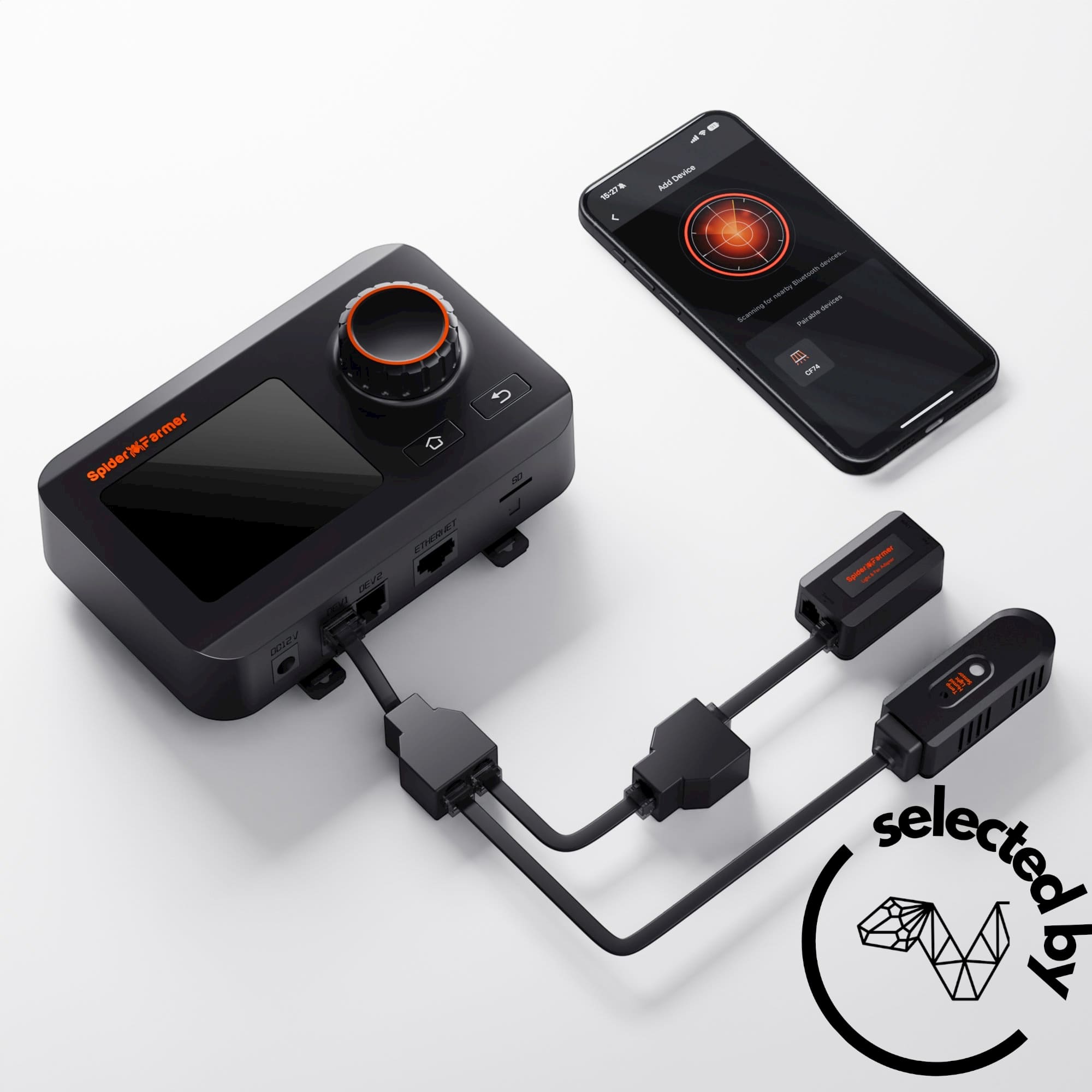 Spider Farmer GGS klimatkontrol set med controller, temp/RH-sensor, kablar och app i mobil. / Spider Farmer GGS climate control kit with controller, temp/RH sensor, cables and mobile app. Selected by Stockholm Reptiles.