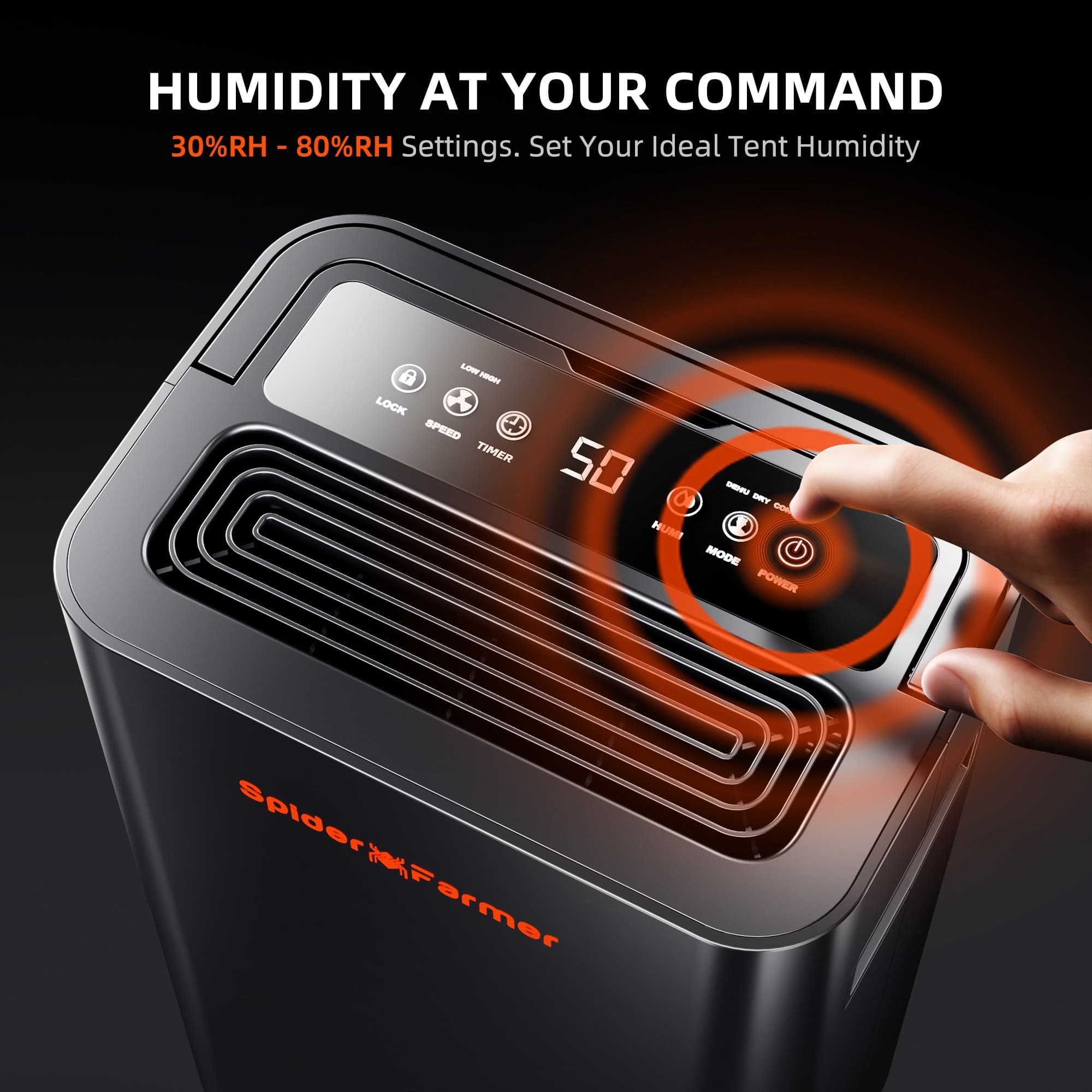 Kontrollpanel för 30–80 % RH med lägen, hastighet och timer / Control panel for 30–80% RH with modes, speed and timer