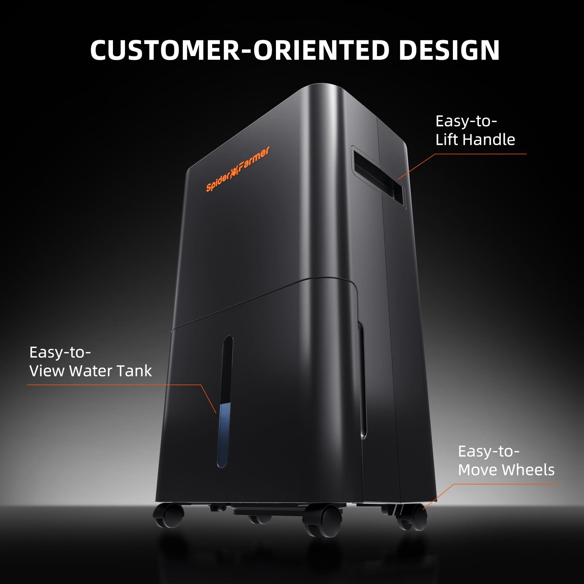 Design för tält: lättåtkomlig vattentank, bärhandtag och hjul / Tent-friendly design: easy-view water tank, carry handle and wheels