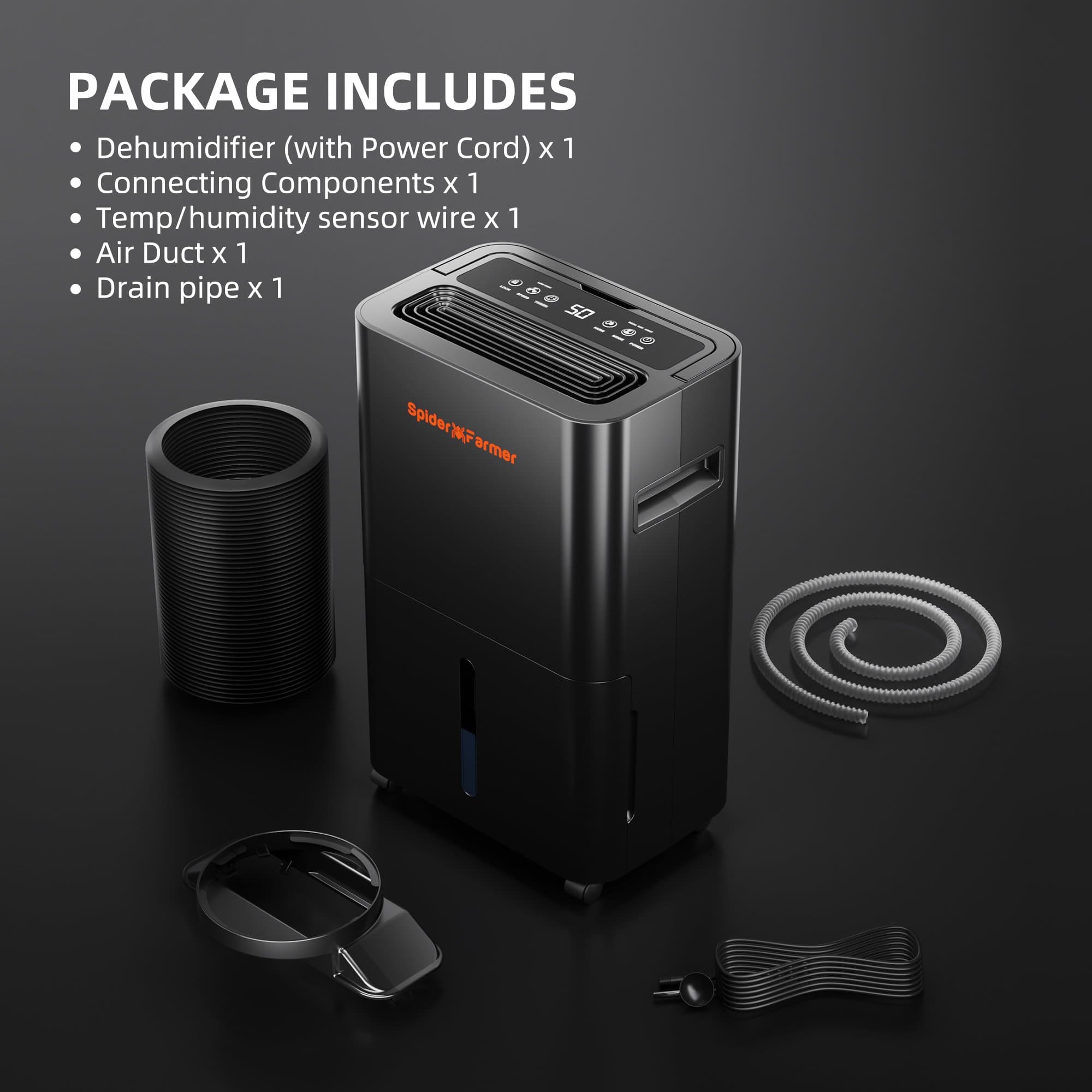 Paket: avfuktare, sensorledning, torrluftsslang, dräneringsslang och tillbehör / Package: dehumidifier, sensor wire, air duct, drain hose and accessories