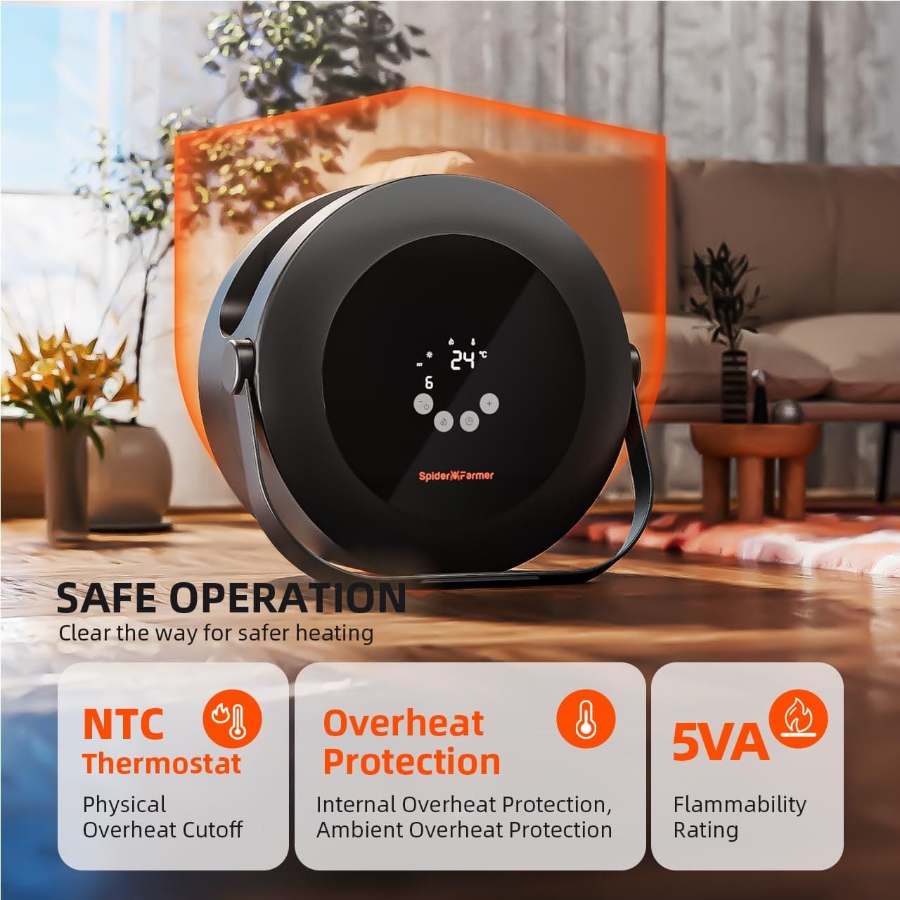 Säker drift: NTC-termostat, internt/omgivnings-överhettningsskydd och flamsäkra material / Safe operation: NTC thermostat, internal/ambient overheat protection and flame-retardant