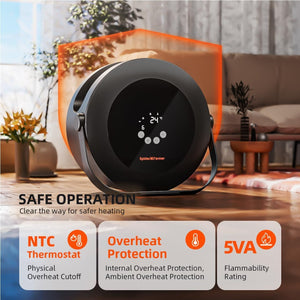 Säker drift: NTC-termostat, internt/omgivnings-överhettningsskydd och flamsäkra material / Safe operation: NTC thermostat, internal/ambient overheat protection and flame-retardant