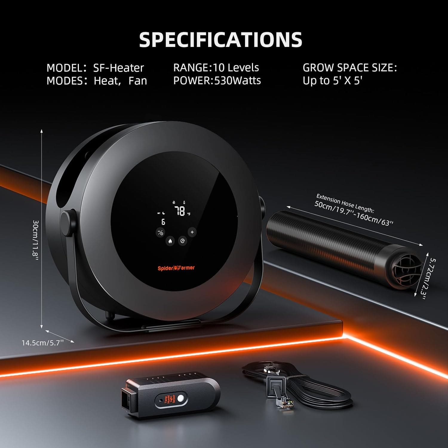 Specifikationer för Spider Farmer 540W värmare – 10 nivåer, upp till 5x5 ft, slang och sensor / Specs for Spider Farmer 540W heater — 10 levels, up to 5x5 ft, duct and sensor