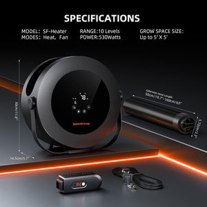 Specifikationer för Spider Farmer 540W värmare – 10 nivåer, upp till 5x5 ft, slang och sensor / Specs for Spider Farmer 540W heater — 10 levels, up to 5x5 ft, duct and sensor
