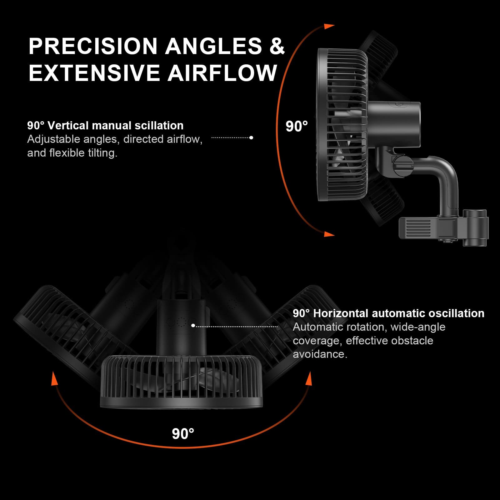 6" klämfläkt – 90° horisontell oscillation och 90° vertikal tilt / 6" clip fan — 90° horizontal oscillation and 90° vertical tilt