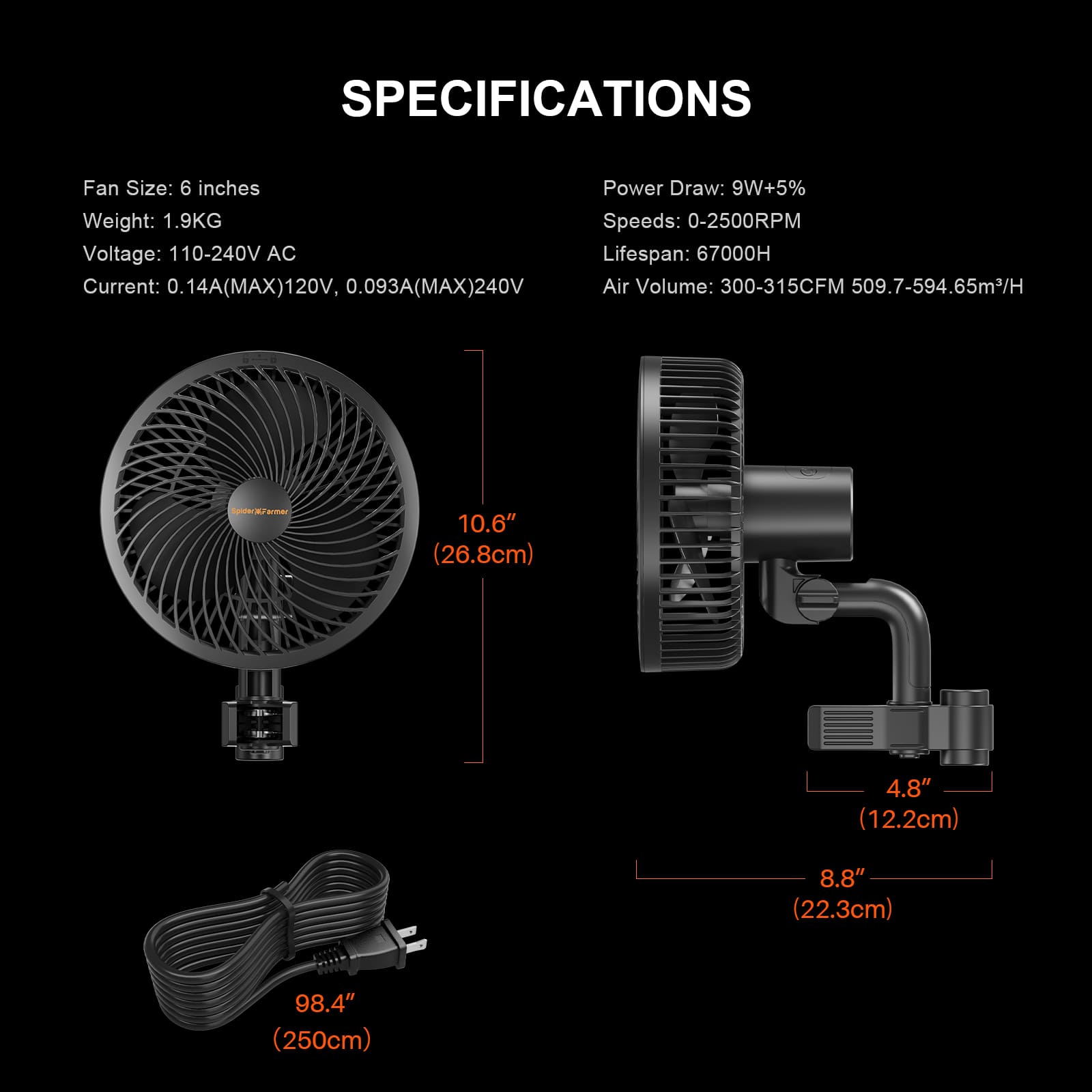 Specifikationer för 6" klämfläkt – mått, 0–2500 RPM, 300–315 CFM, 9 W / 6" clip fan specs — dimensions, 0–2500 RPM, 300–315 CFM, 9 W